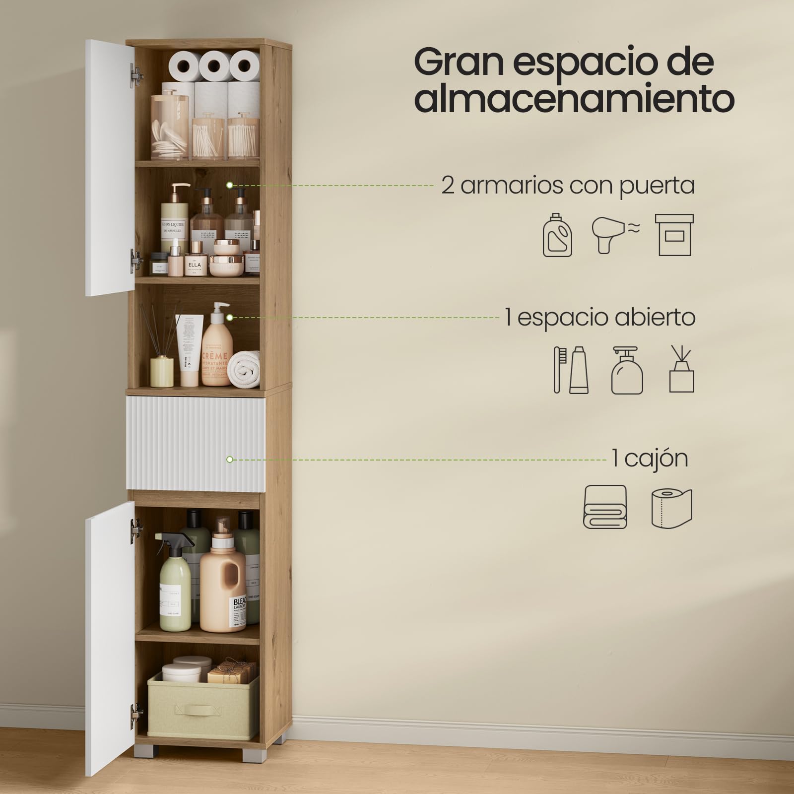 EUGAD Mueble de Baño, Armario de Baño Alto con 2 Compartimentos con Puerta, 1 Abierto, 1 Cajón y Estantes Ajustables, 35 x 30 x 176,5 cm, Madera de Ingeniería, para Espacios Reducidos, Blanco + Roble