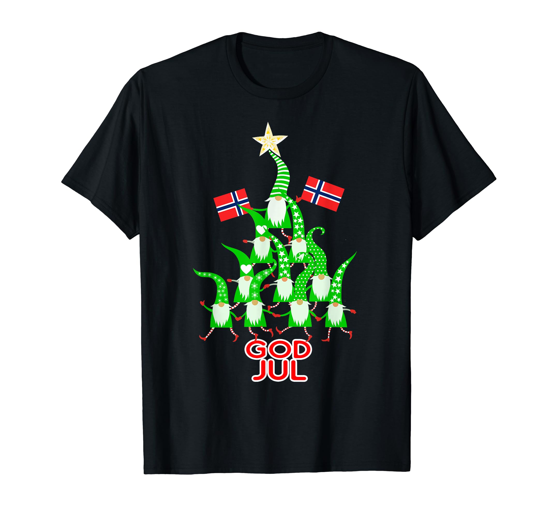 God Jul Christmas Tree Tomte Nisse Gnome Elf Norwegian Flag T-Shirt, Black