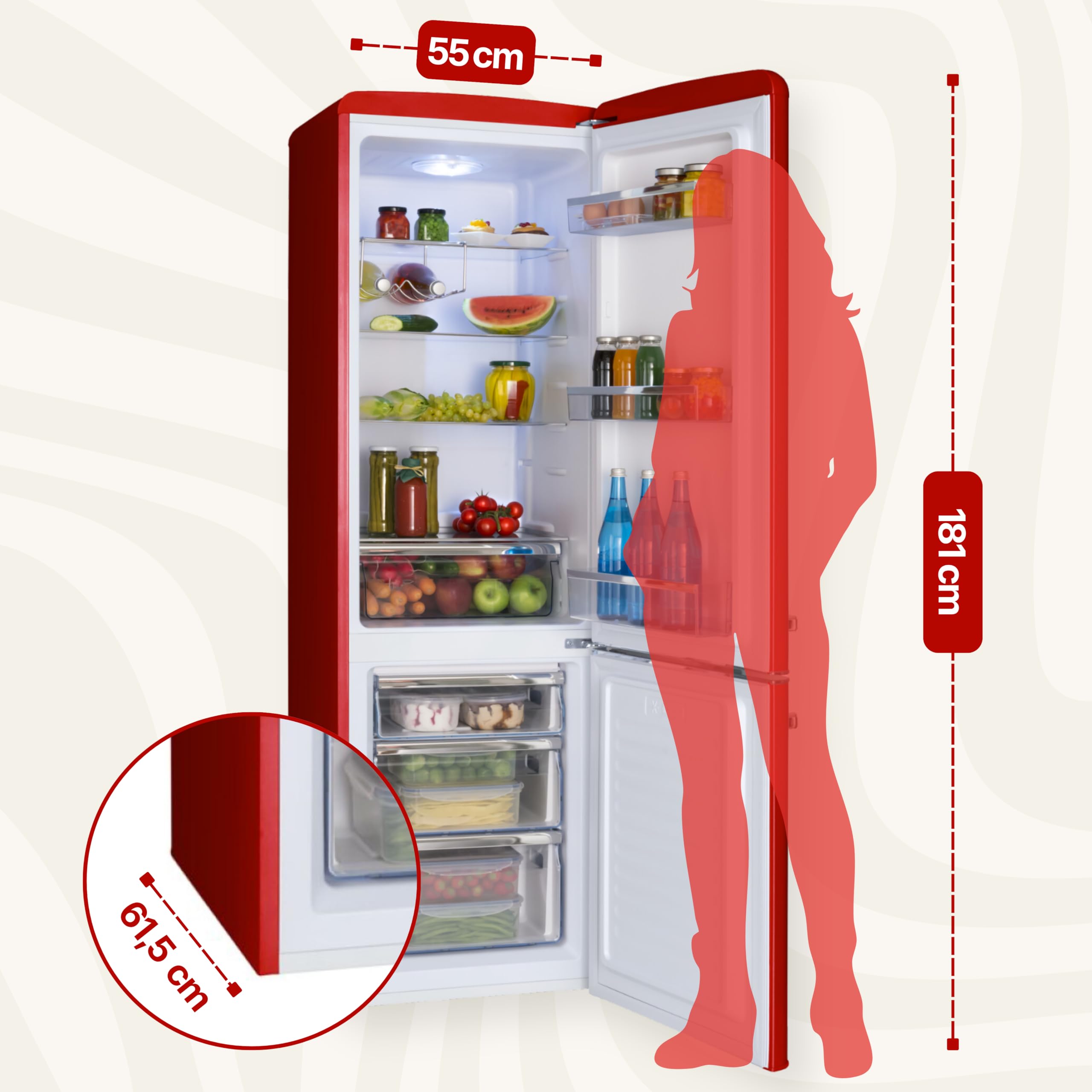 Amica Réfrigérateur combiné rétro 244 L 181 x 55 x 62 cm Rouge Éclairage LED