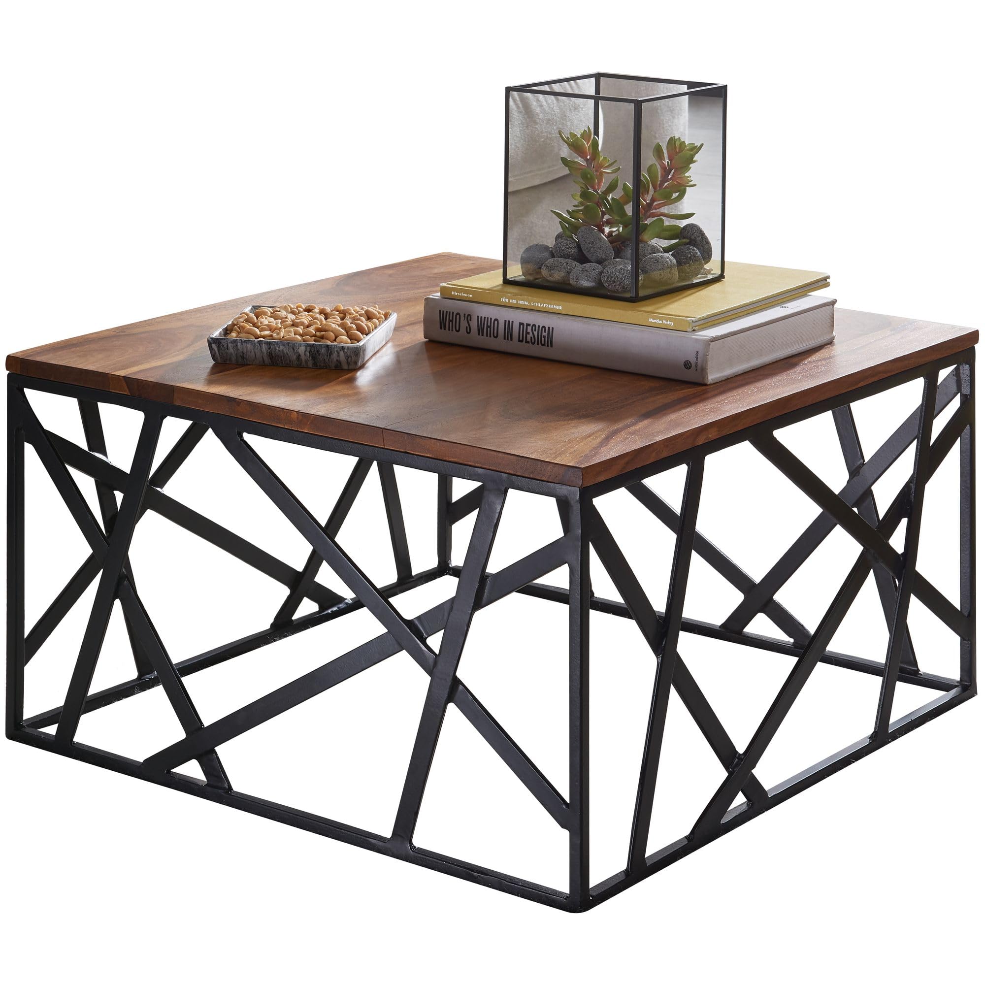 WOHNLING Table Basse BAKAL 60x60x35 cm Bois Massif Sheesham Métal