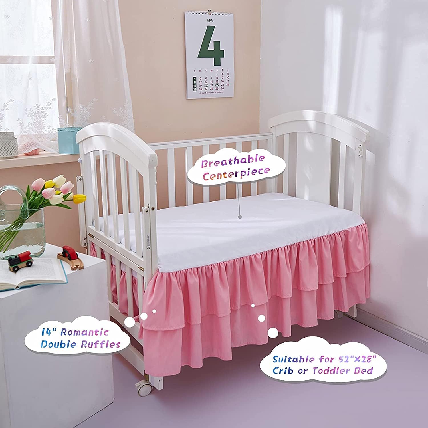Light Pink Ruffled Crib Bed Skirt Double Layer 100% Egyptian Cotton Nursery Dust Ruffle Crib Toddler Bedding Skirt 14" Deep Drop