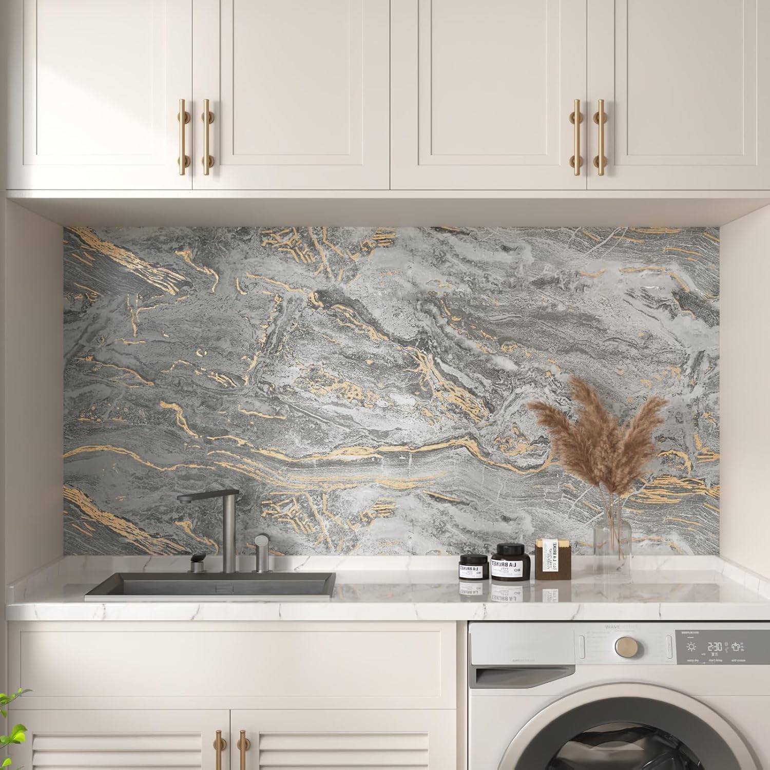 Wallercity Gold/Grey Marble Contact Paper Matte Peel and Stick Countertops Wallpaper Waterproof Self Adhesive Marble Wallpapers for Cabinets and Drawers Kitchen Bathroom Vinyl Film 15.8x78.7 Inch