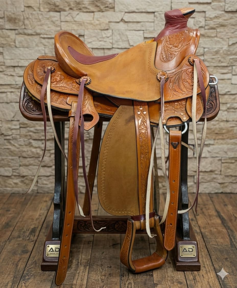 Wade Horse Saddle Leather Tree A Fork Roping Ranch Work Adult & Pony Tooled Craved Handmade Premium Western Equestrian Trail Tack For Horse Riding Saddle Size: 10"-18" inches Seat, MO-WHR-28