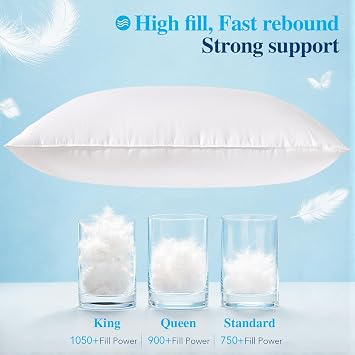 Canada White Goose Down Pillow 80% Down 20% Feather Bed Pillow Standard | 750 Fill Power Hotel-grade Down Pillow for Master Room,Balance Soft & Support Ideal for Back, Side, Stomach Sleepers (1 Pc)