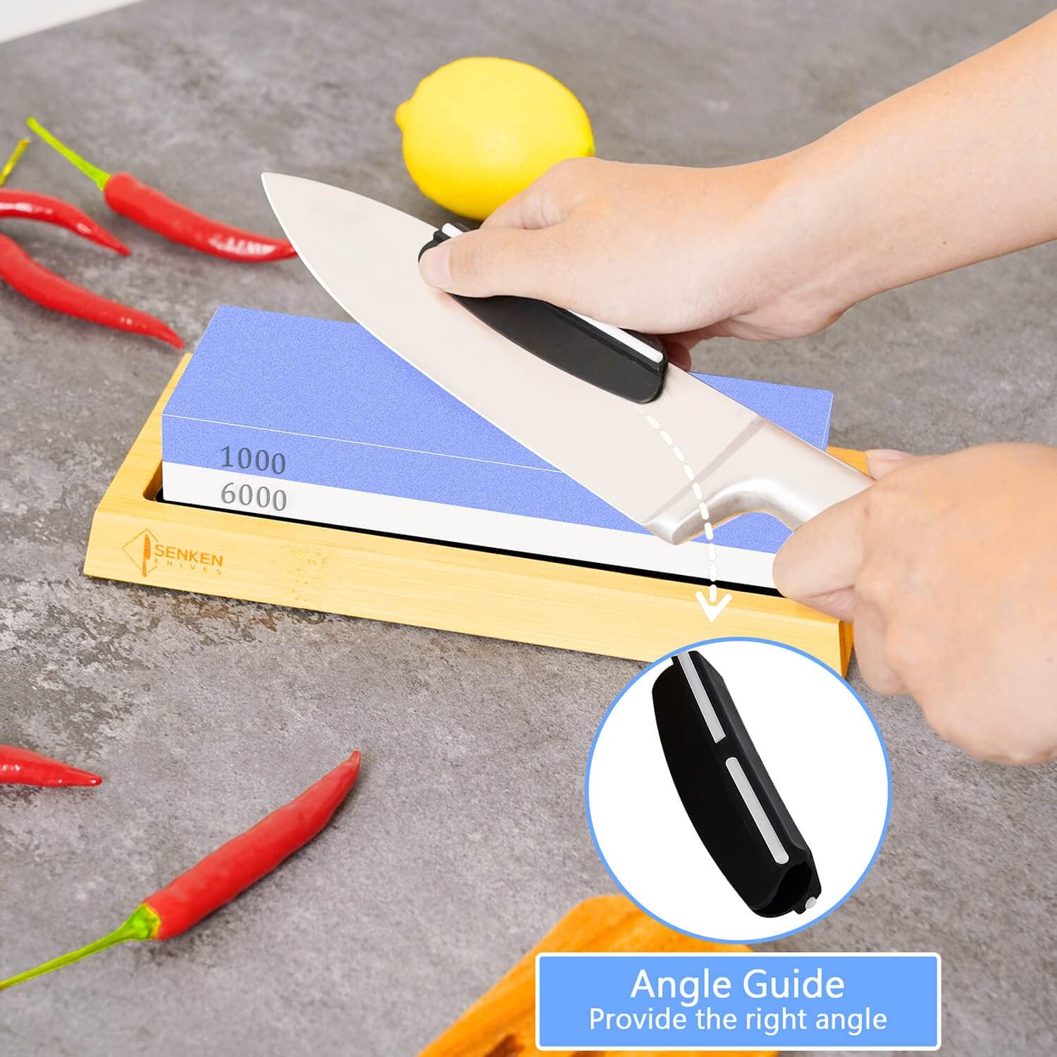 SENKEN 1000/6000 Grit Japanese Whetstone Kit Knife Sharpening Stone with Angle Guide and Wooden Holder - Dual Function Sharpen & Hone Kitchen Knives and Tools, Includes Non-Slip Bamboo Base