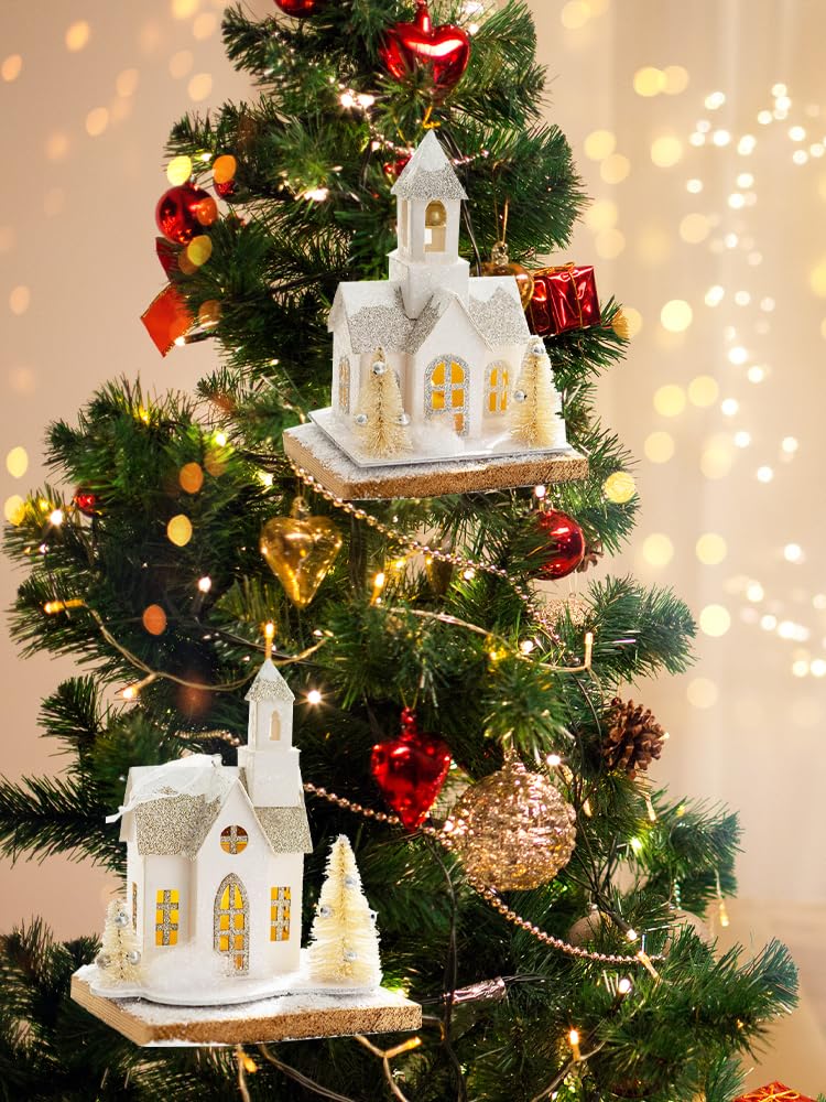 TSYFM Weihnachtsdorfhäuser mit LED-Beleuchtung, 13 cm, Pappe, Weihnachtshaus, weißes Weihnachtshaus, Weihnachtsdorf-Sets für Desktop-Ornamente, Landschaftsdekoration (C)