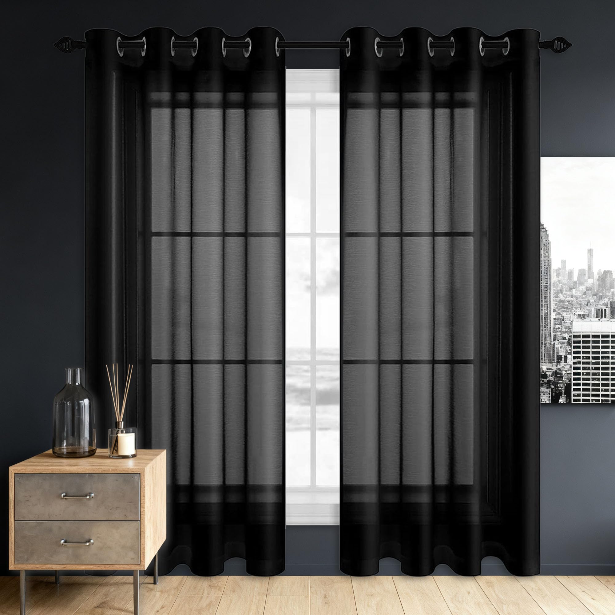 Rideaux voilages oeillet 220 x 160 cm finitions haut de gamme voilage doux noir