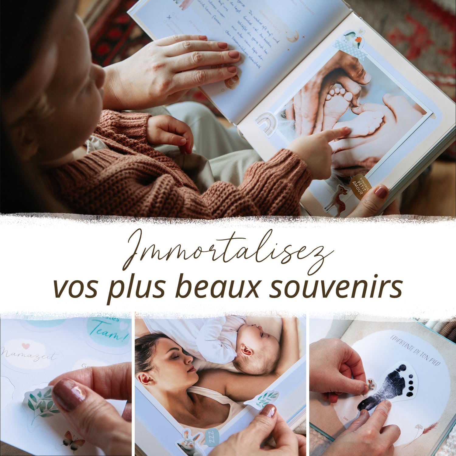 Livre de naissance I Ma première année + set d’autocollants I Album photo bébé PREMIUM avec lettrage or I 176 pages I Cadeau de naissance pour fille et garçon I Cadeau spécial bébé (Lin)
