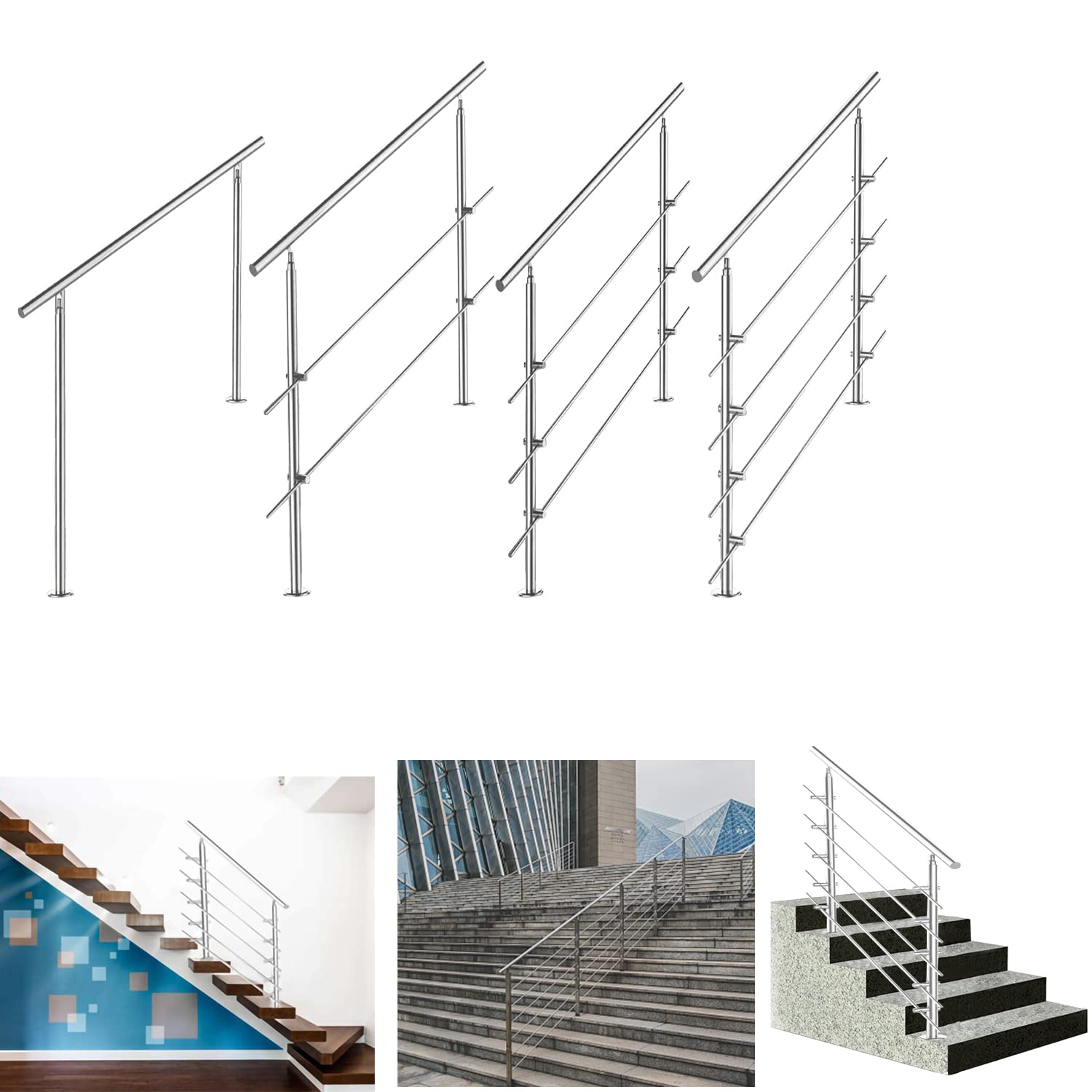 Poręcz ze stali nierdzewnej, do balustrady schodowej, na balkon, 80 cm, z 2 poprzeczkami Ø 42 mm, do wewnątrz i na zewnątrz