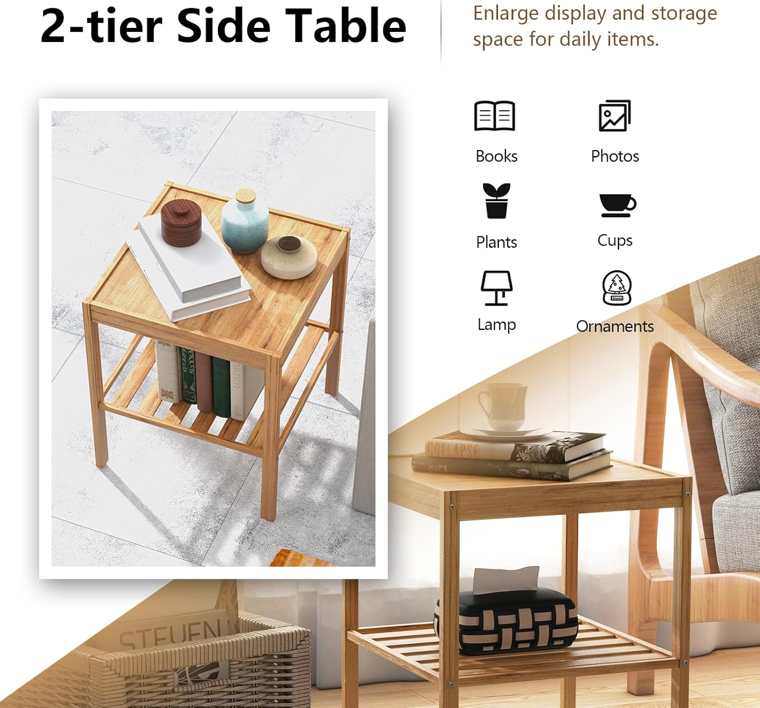 Tangkula Bamboo Nightstand Set of 2, 2-Tier Side Table w/Bottom Shelf, Square End Table Beside Sofa & Bed, Compact Nightstand for Small Space, Bedside Table for Living Room, Bedroom