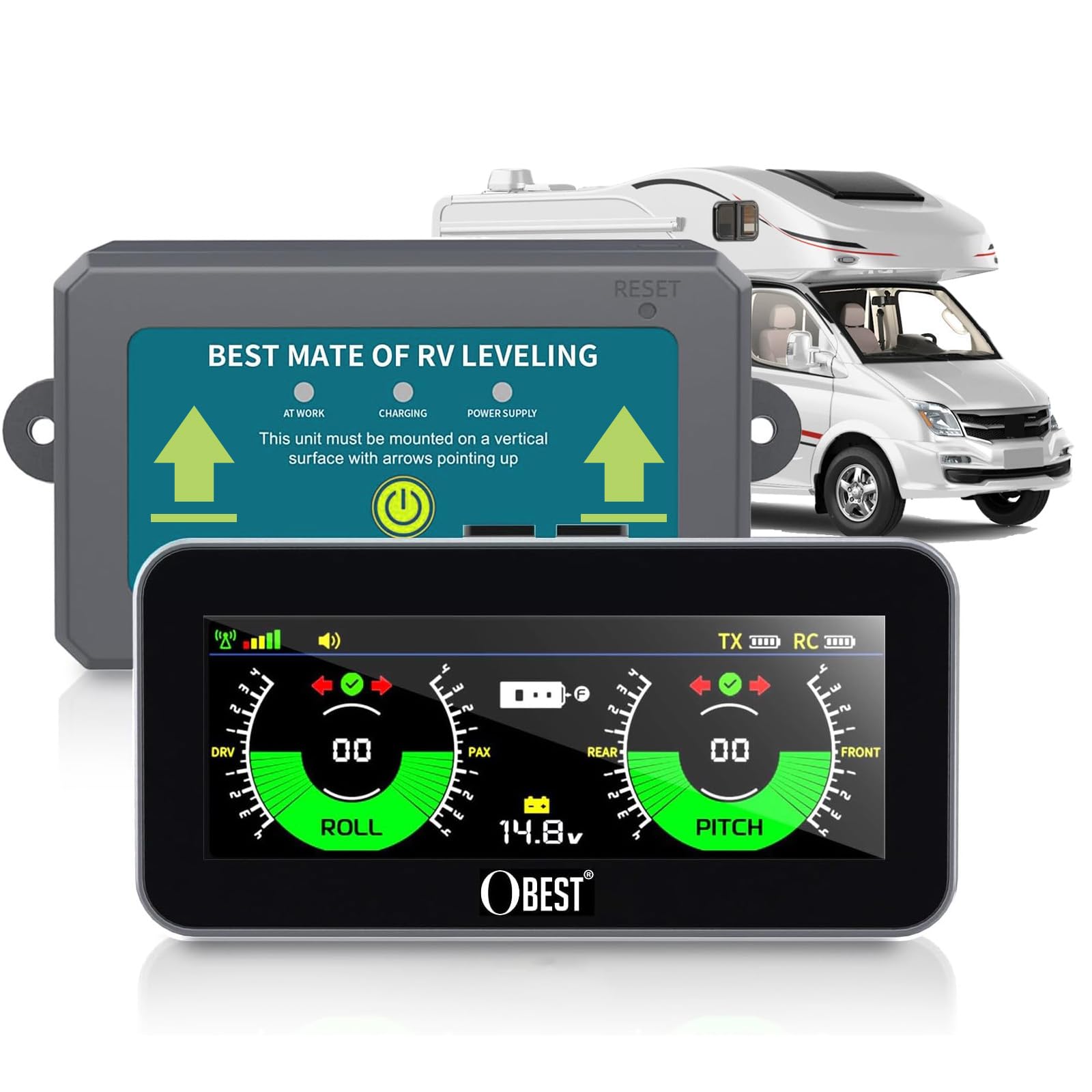 OBEST RV Leveling System, Sistema di livellamento Camper, livellatori Caravan, Connessione wireless senza app, Sistemi di Livellamento per Roulotte e Rimorchi, bilanciamento Accessori Universale
