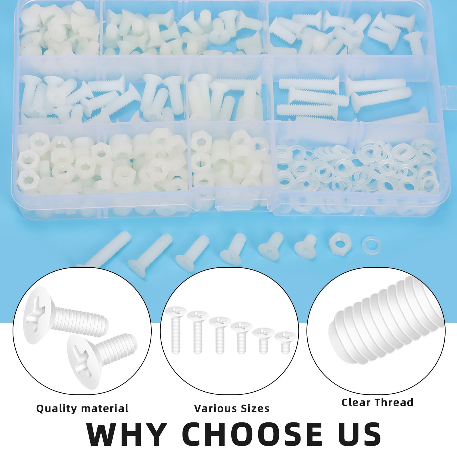 Glarks 360pcs M5 x 8/10/12/15/20/25MM Nylon Phillips Countersunk Head Bolt Machine Screw - Image 3