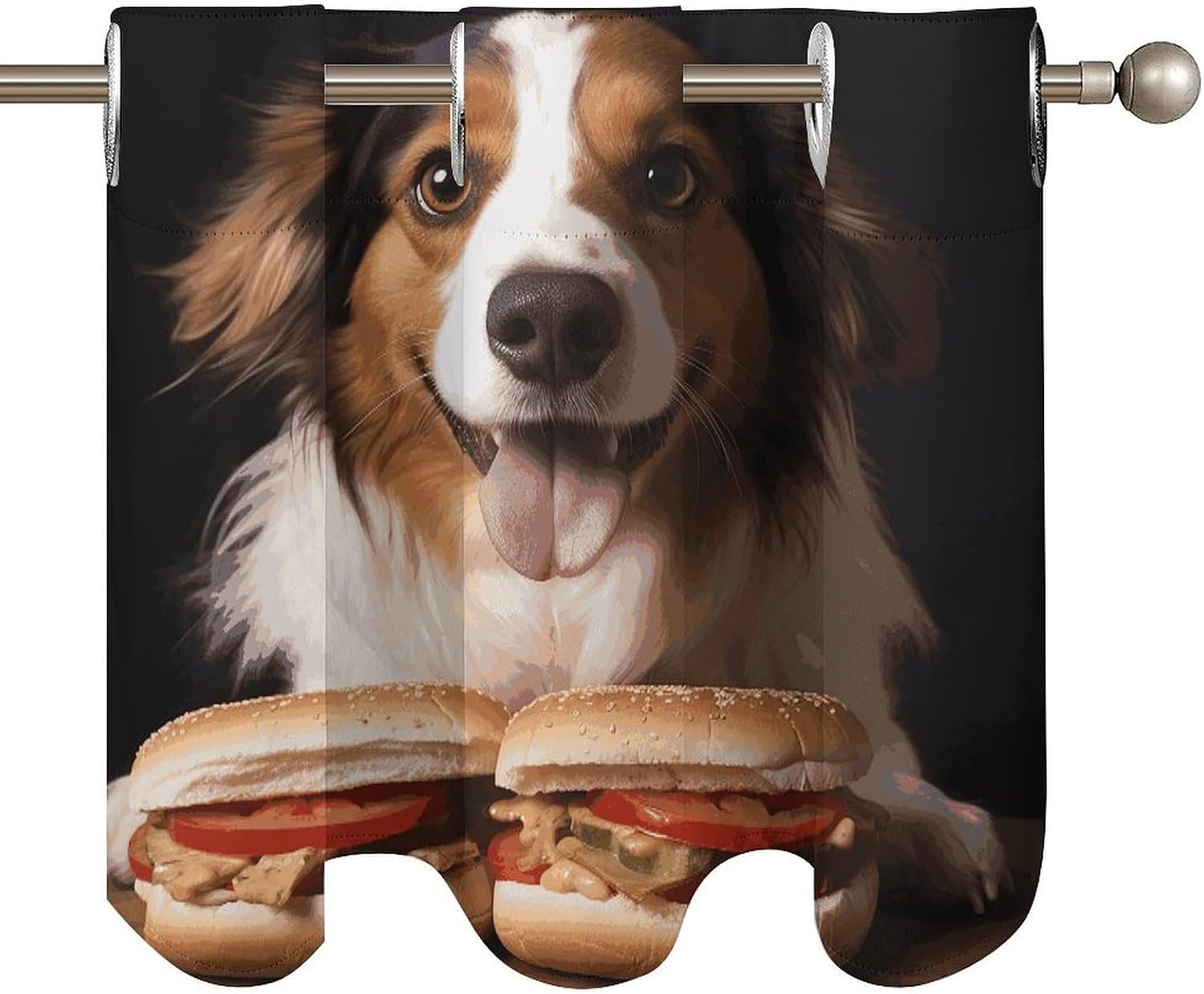 Dog Holding A Hot Dog Curtain 2 Panels, Polyester Fiber, Blackout Insulated Window Curtain, Curtain Valance for Kitchen Dining Room Living Room Cafe Small Window 52 * 18.1 Inches