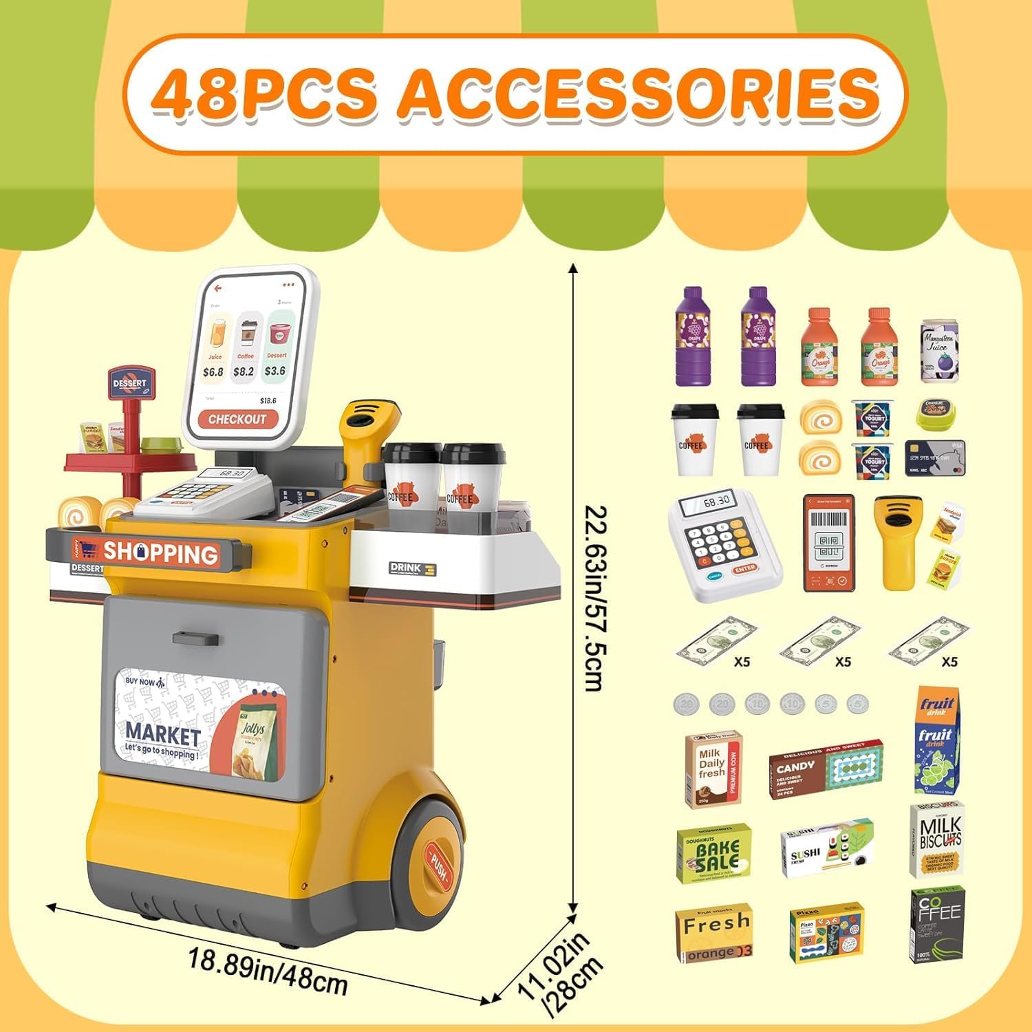 48PCS Cash Register Playset for Kids- Pretend Supermarket Toy with Scanner, Lights & Sounds, Grocery Shopping Game, Play Money & Food Accessories (Yellow) 3