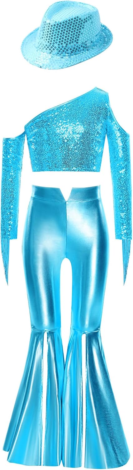 Girls' Sequined Crop Top One Shoulder Dance Shirts And Patent Leather Hip Hugger Slim Fit Light Blue 16 Years