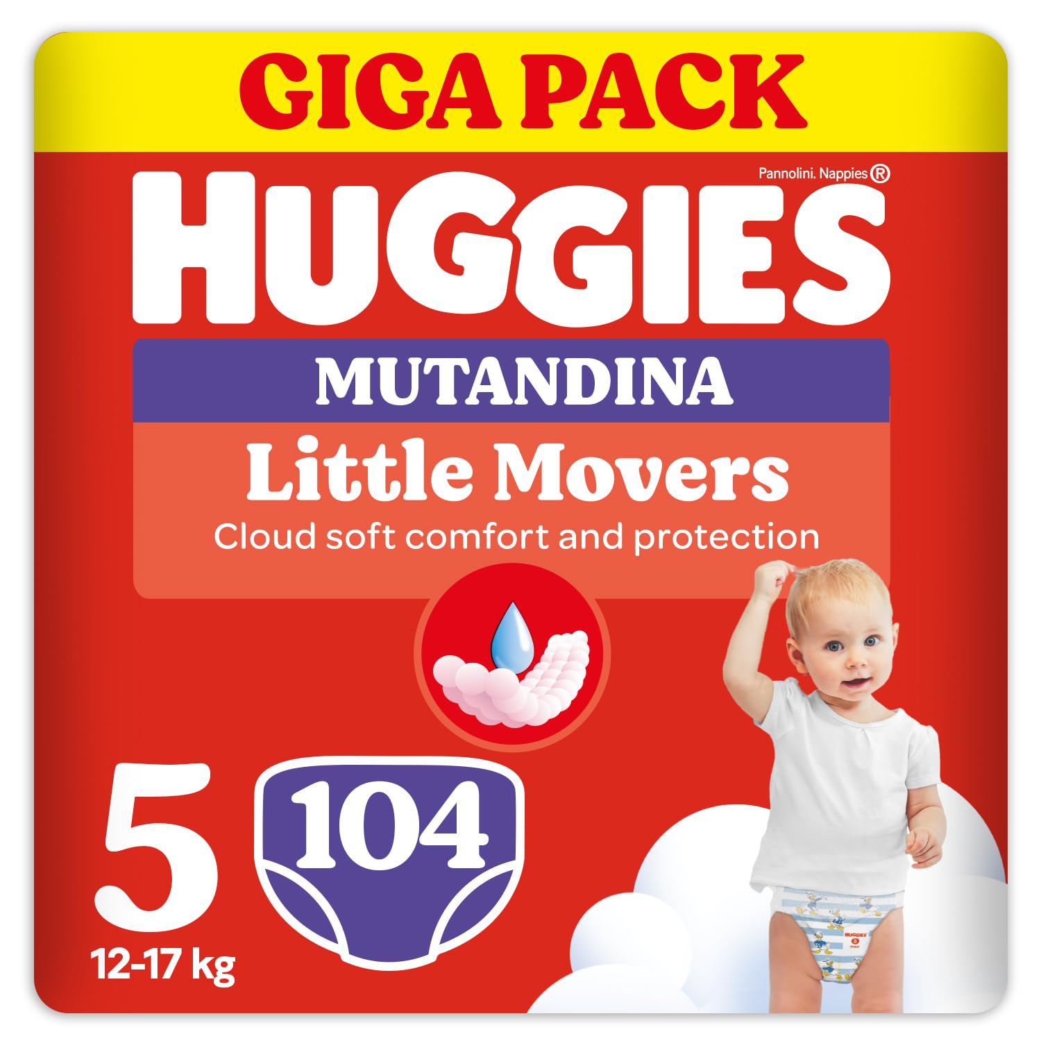 Huggies Little Movers Pannolini Mutandina Taglia 5 (12-17 Kg), Ultra assorbente, Protezione completa, Gigapack, 104 Pz