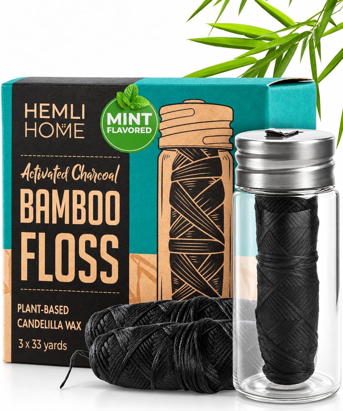 Hemlock Brewing Natural Charcoal Bamboo Dental Floss, Organic Eco Pfas Free Reusable Floss