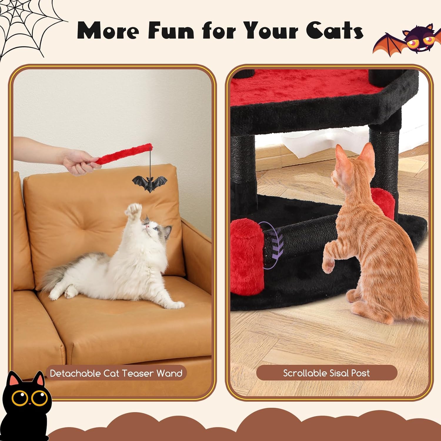 Nobleza Gothic Cat Tree with Coffin Bed, 24.4" Halloween Black Goth Cat Tree Tower for Indoor Cats, Spooky Cat Tree Stand Climber Pole with Hanging Spiders Bats for Kitten, Black Red, Small