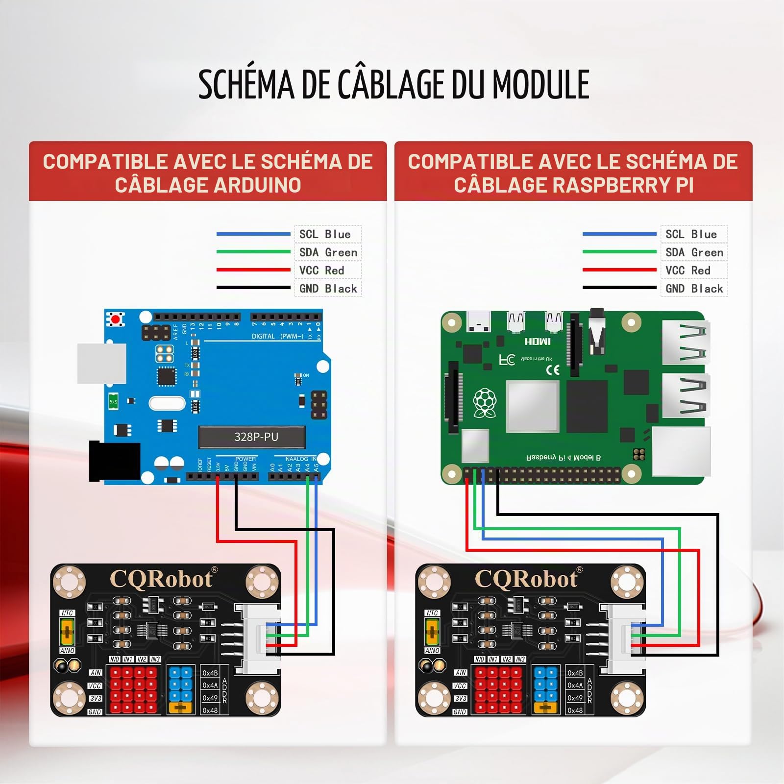 CQRobot Module Convertisseur ADC 16 Bits 4 Canaux ADS1115, avec Gain Programmable, Adresse I2C et Mesure de Température, Compatible Arduino et Raspberry Pi, Double Tension 3.3V/5V.