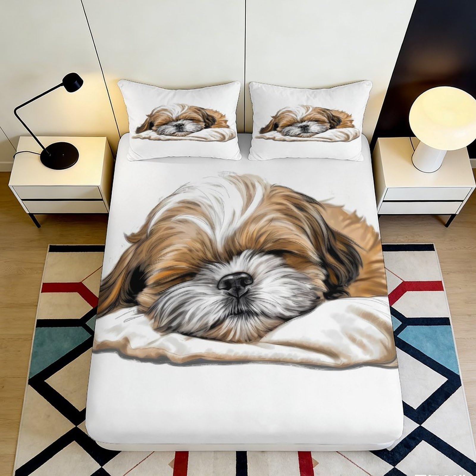 3D Printed Sleeping Dog Fitted Sheet Microfiber Soft Anti-Slip Cute Puppy Bed Cover for Bedroom Guest Room Mattress Protection 120x200x25cm