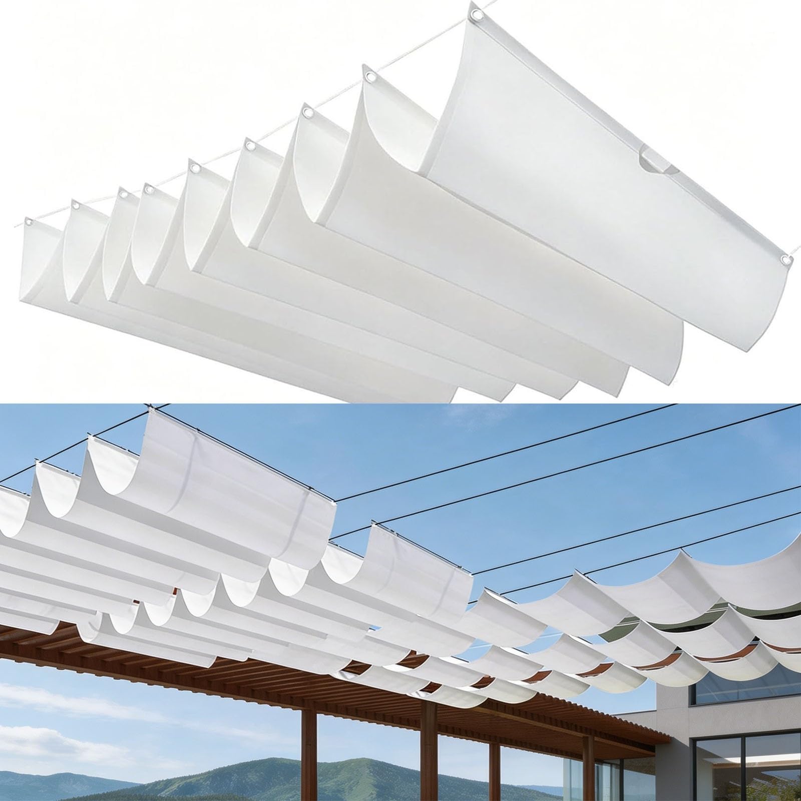 Voile d'ombrage vague rétractable blanc pour bloquer la chaleur et les UV 98%