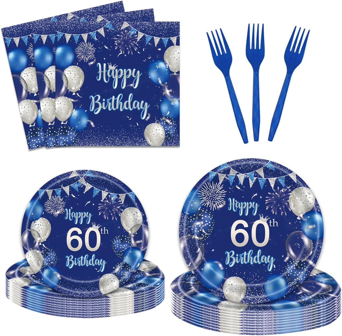 96 Pcs Blue 60th Birthday Party Plates Napkins Tableware