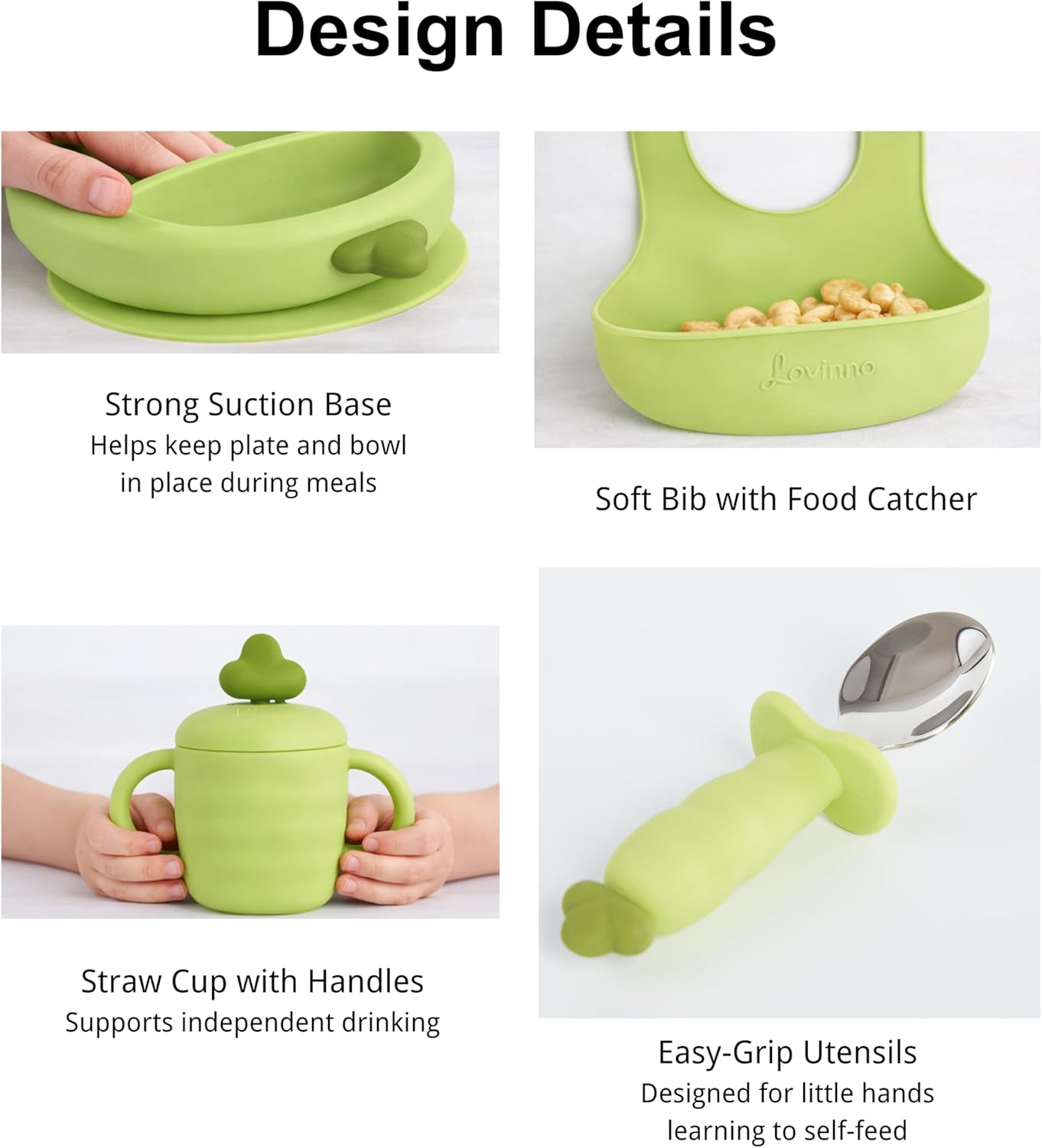 Silicone Baby Feeding Gift Set – Suction Plate, Bowl, Training Cup, Fork, Spoon & Bib (6-Piece) (Green)