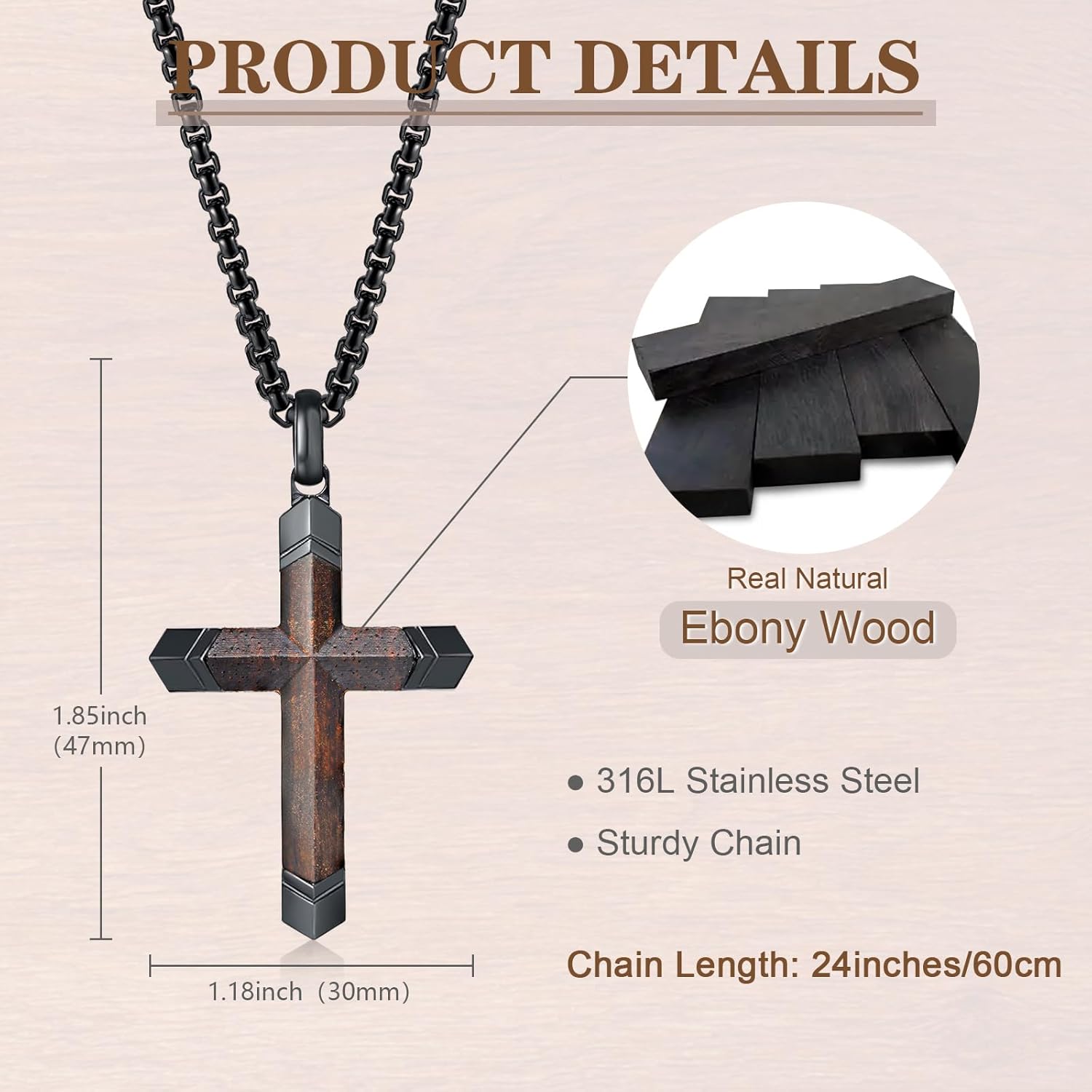 Wooden Cross Bible Verse Necklace for Men, Hawaiian Handmade Real Black Ebony Wood Cross Pendant Stainless Steel Chain, Mens Cross Necklaces Koa Wood Jewelry Christian Baptism Easter Gifts - Image 3