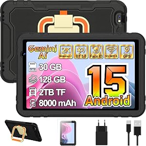 Tablet niños 10 Pulgadas Android 15 con Gemini AI 30 + 128GB (TF 2TB), Octa-Core, GPS, WiFi 6, Widevine L1, 8000mAh, Control Parental, Protective Antichoque Eva + Soporte giratorio de 360° -Negro