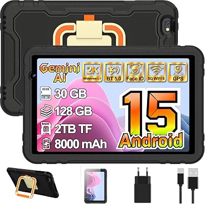 Tablet niños 10 Pulgadas Android 15 con Gemini AI 30 + 128GB (TF 2TB), Octa-Core, GPS, WiFi 6, Widevine L1, 8000mAh, Control Parental, Protective Antichoque Eva + Soporte giratorio de 360° -Negro