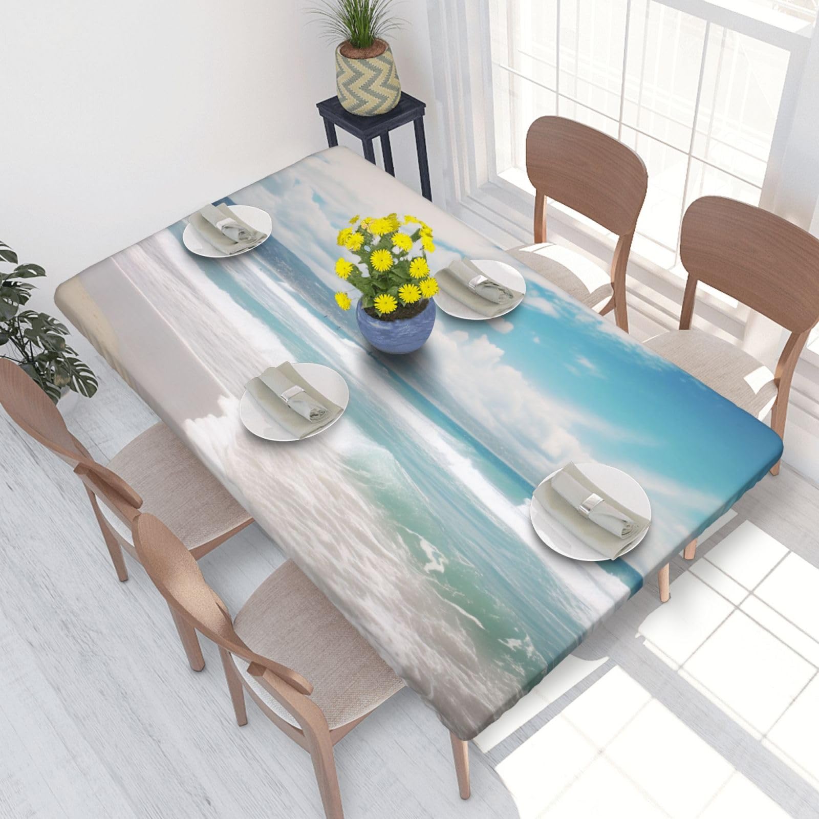 DCARSETCV Sea beach Printed 4FT Waterproof Tablecloth with Elastic Edged Protect & Decor Your Table, Oil-proof Washable Table Cloth Cover for Dinner Picnic Party