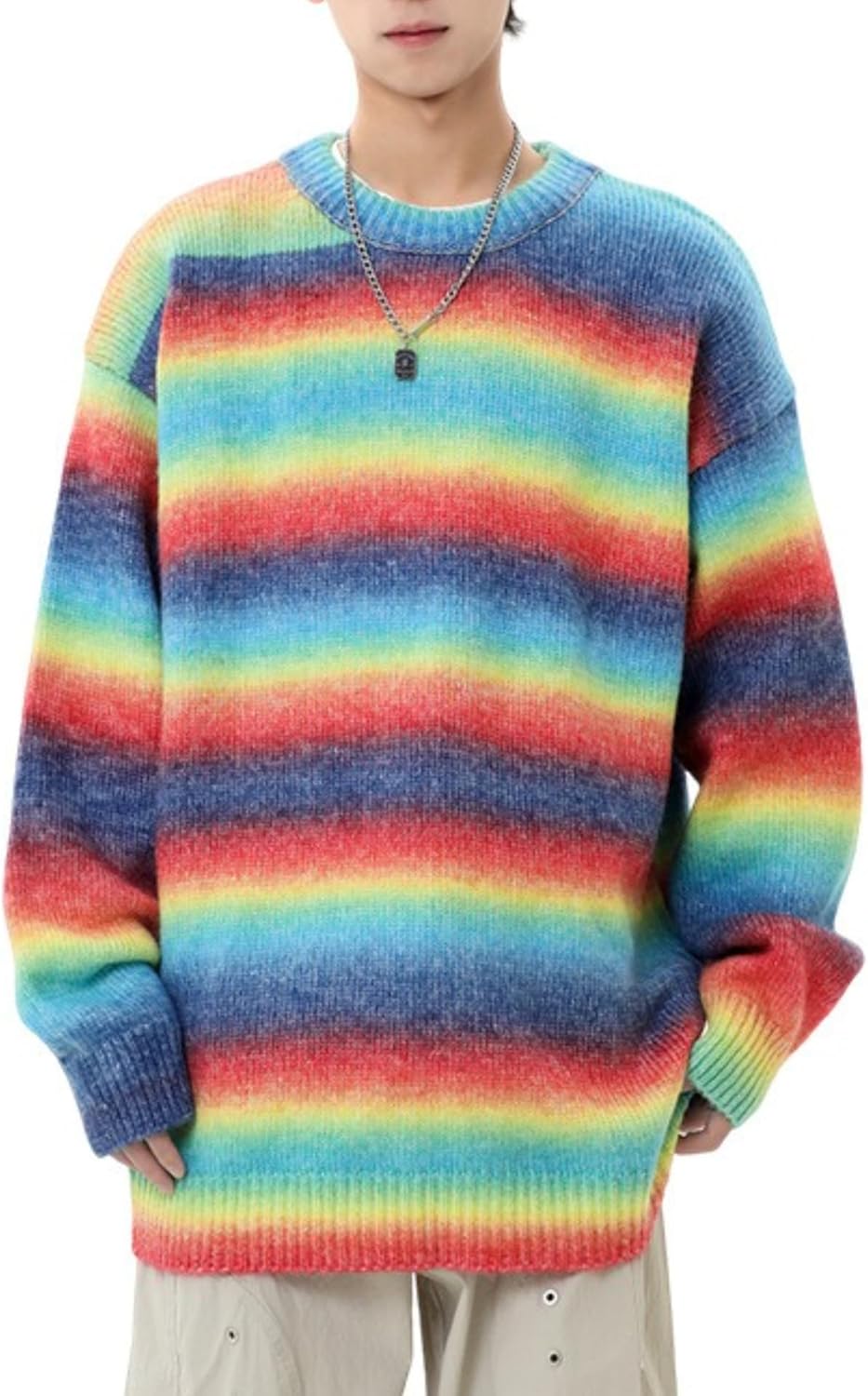 POHADON Men's Oversized Color Block Striped Knitted Sweater Fall Winter Fuzzy Crewneck Pullover Tops Trendy Y2k Clothes