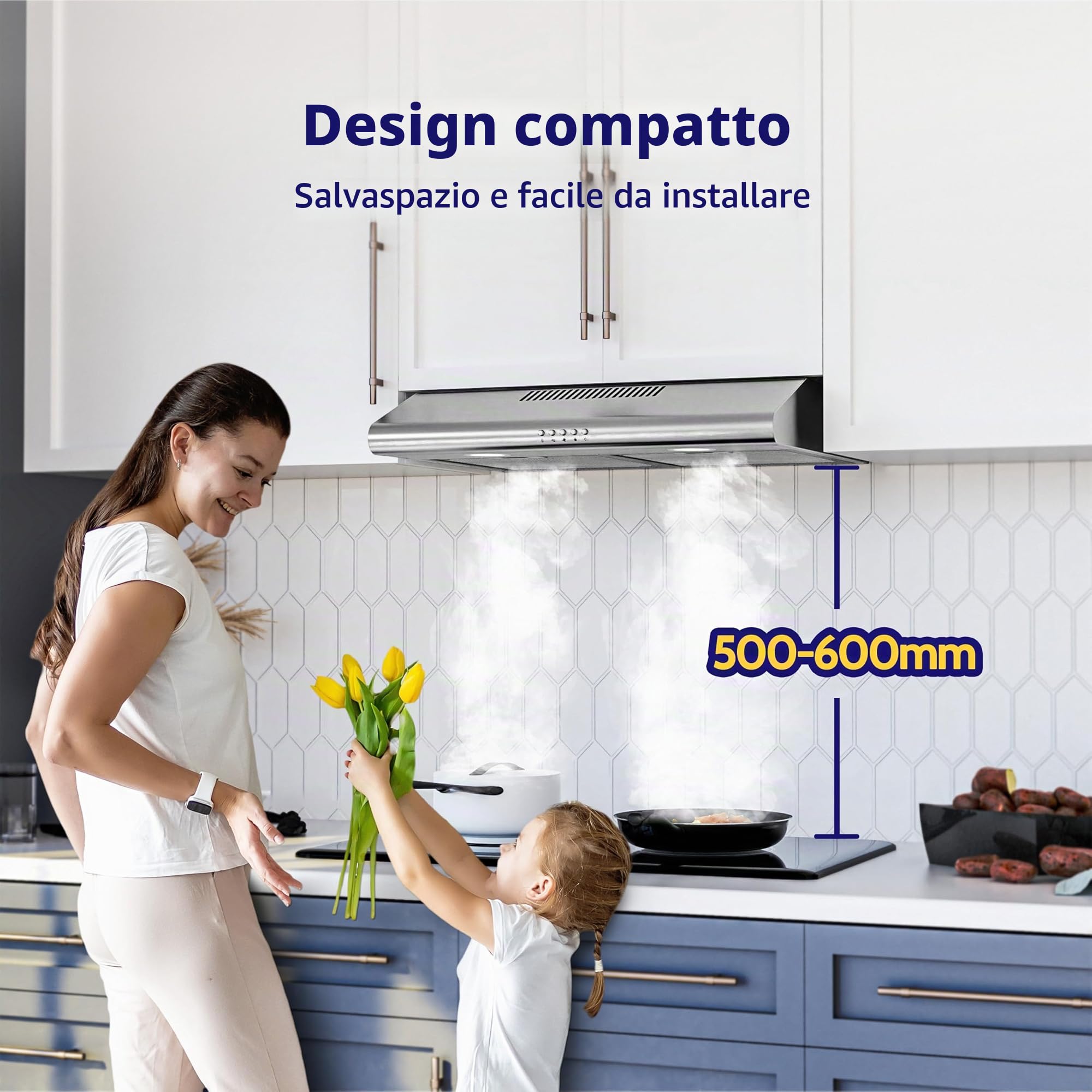FIREGAS Cappa aspirante 60 cm per ricircolo o scarico, cappa aspirante 60 cm con motore senza spazzole e 3 livelli di potenza, potenza aspirante 250 m³/h, in acciaio inox