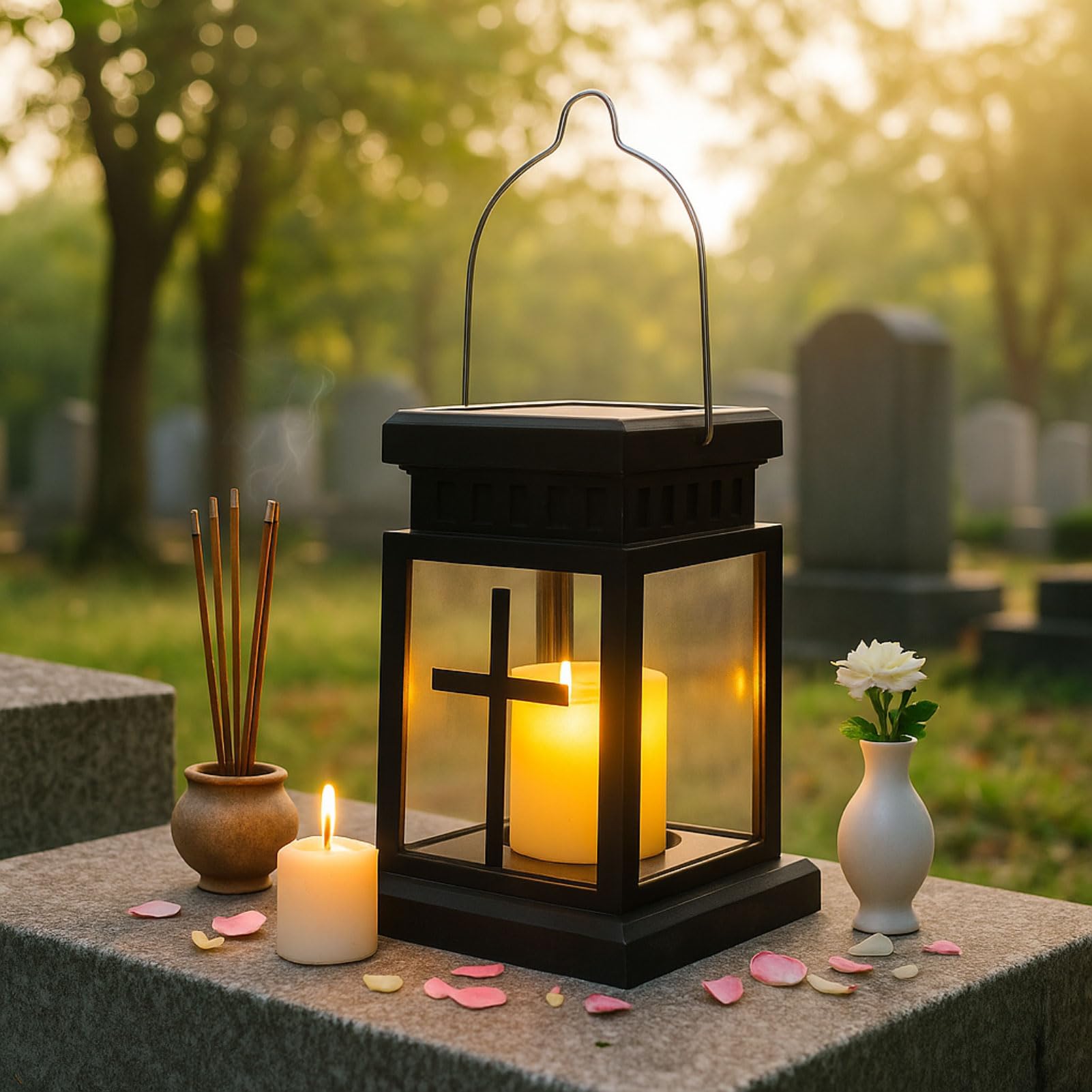 Grave Lantern Cemetery Weatherproof Outdoor, Solar Lantern for Outdoor Garden Grave, Grave Lamp for Urn Grave, Black Grave Lanterns with LED Candles, Small Wind Lantern Candle Lantern Gift for