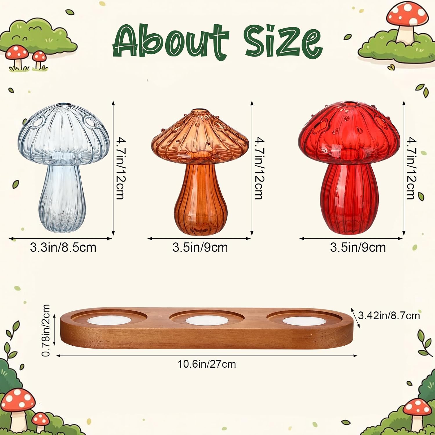 Set of 3 Glass Mushroom Vase Propagation Station with LED Light Wooden Stand, 4.7 x 3.5 Inches Glass Vases Hydroponic Planter for Indoor Plants, Gifts for Women, Room Decor
