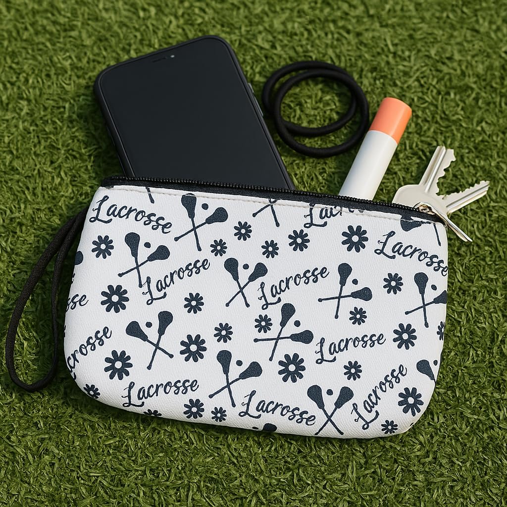 Lacrosse Wristlet Accessory for Girls – Zippered Mini Bag with Strap – Cute Black Crossed Sticks and Flowers Design – Player Makeup Pouch or Team Gift