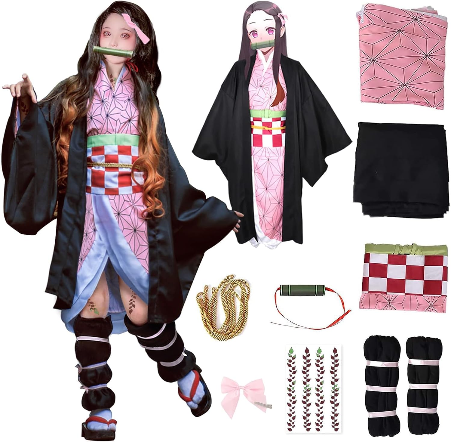 UQJE Kids Kamado Tanjir Cosplay Costumes Anime Tanjir Cosplay Outfit Halloween Kimono Set