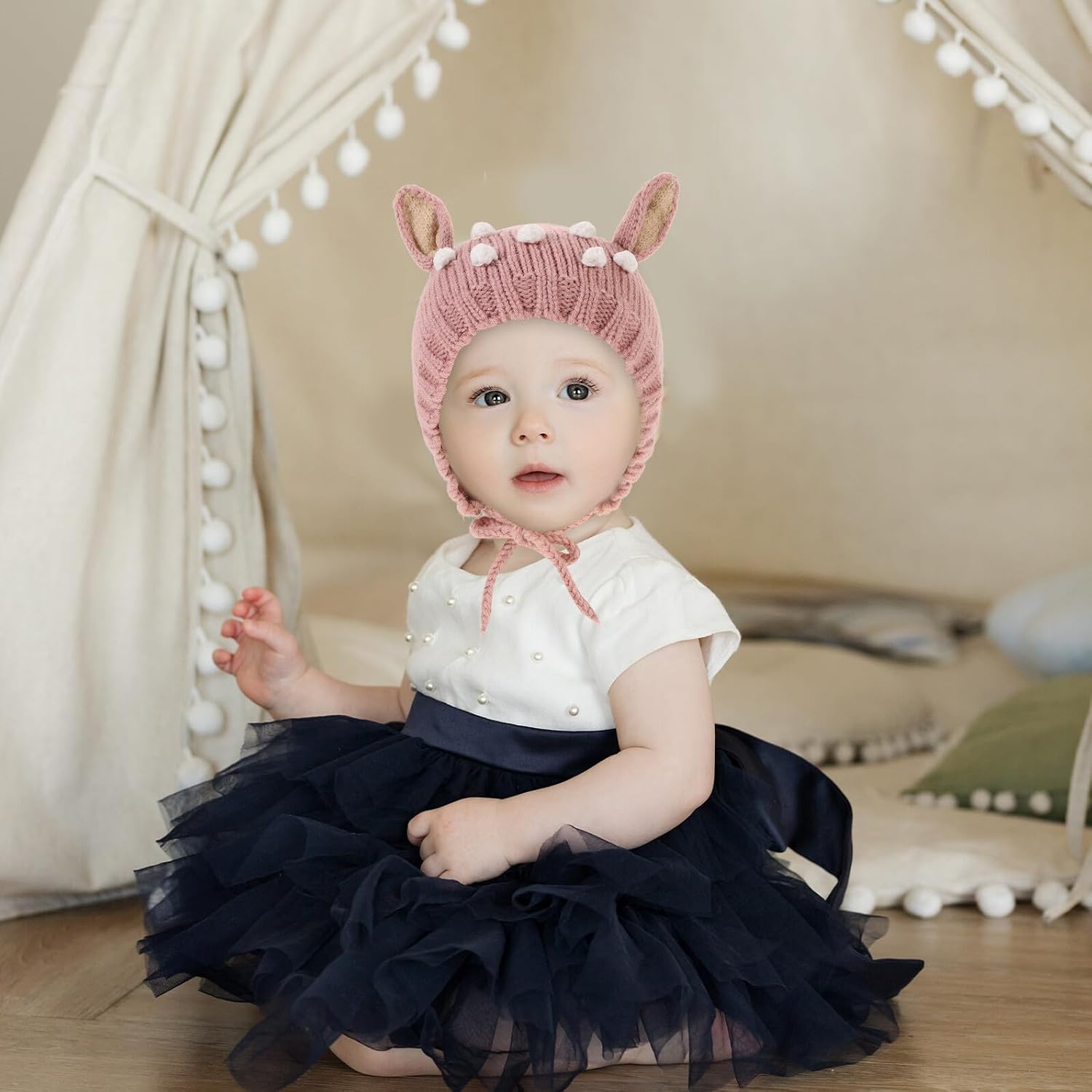 Boy Girl Knit Hat Woolen Yarn Ear Coverage Straps for Newborns Pink