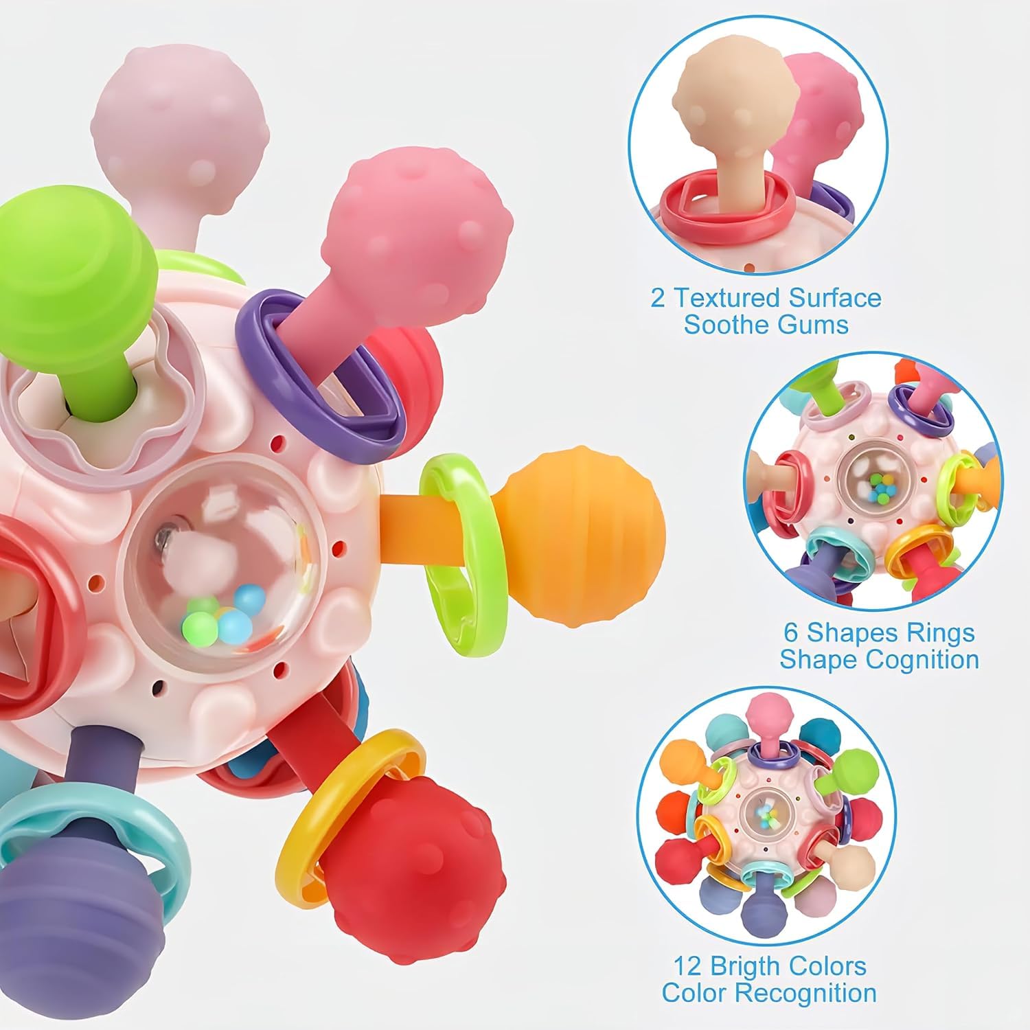 PB Prime Brands Silicone Baby Teether Ball Toy, BPA-Free Sensory Teething Toy for 3+ Months, Soft Chewable Textured Teether with Rattle, Colorful Grasping & Development Toy for Infants and Toddlers (Pink) 3
