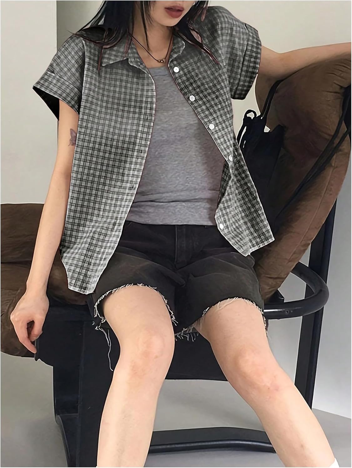 Women's Plaid Button Down Shirts Vintage Short Sleeve Collared Blouses Dressy Casual Tops - Image 3