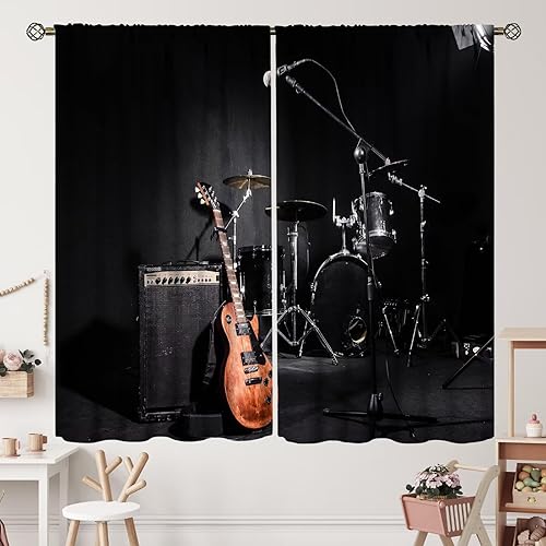 Miniatura 16 de Cortinas de notas musicales, rústicas, mágicas, notas musicales, arte retro, piano y violín, cortina con bolsillo para barra para dormitorio, sala