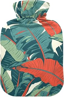 Retro Banana Leaves Red Green Cute hot Water Bottle with Soft Cover, 2L Water Bags for Sore Muscle