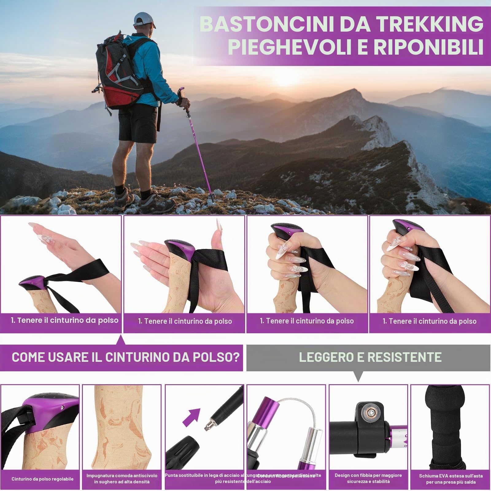 Bastoni da Trekking Alluminio,bastoncini da passeggio pieghevoli 115-135 cm,bastoncini da nordic walking,per donna e uomo,leggeri ed estensibili,con 5 Paia di Cuscinetto,per trekking ed escursionismo