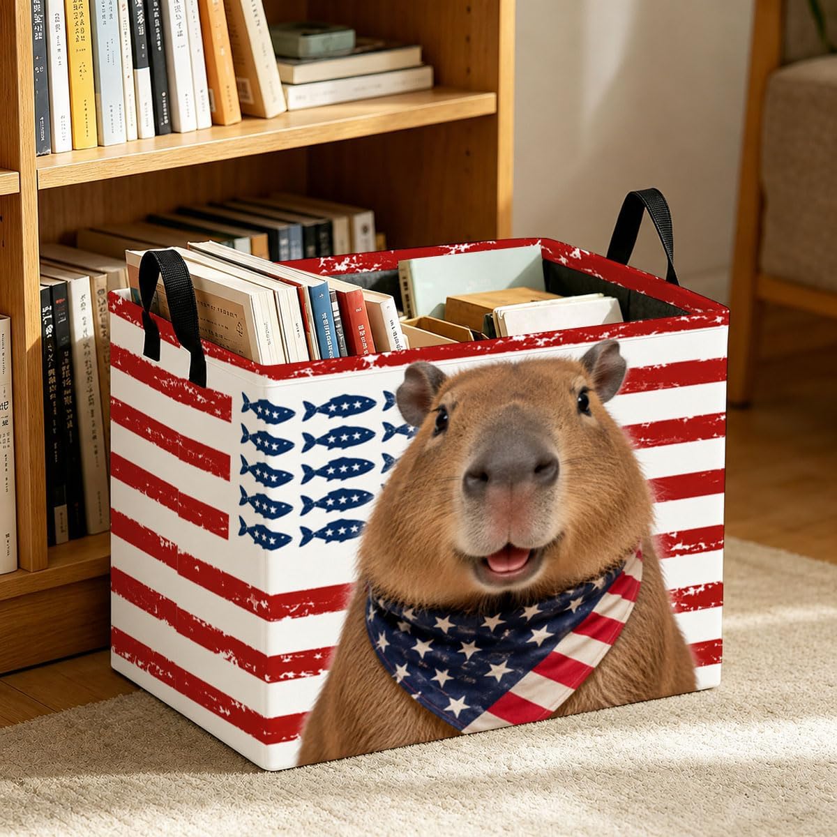 56L Storage Basket with Patriotic Capybara Print Foldable Laundry Hamper image 2