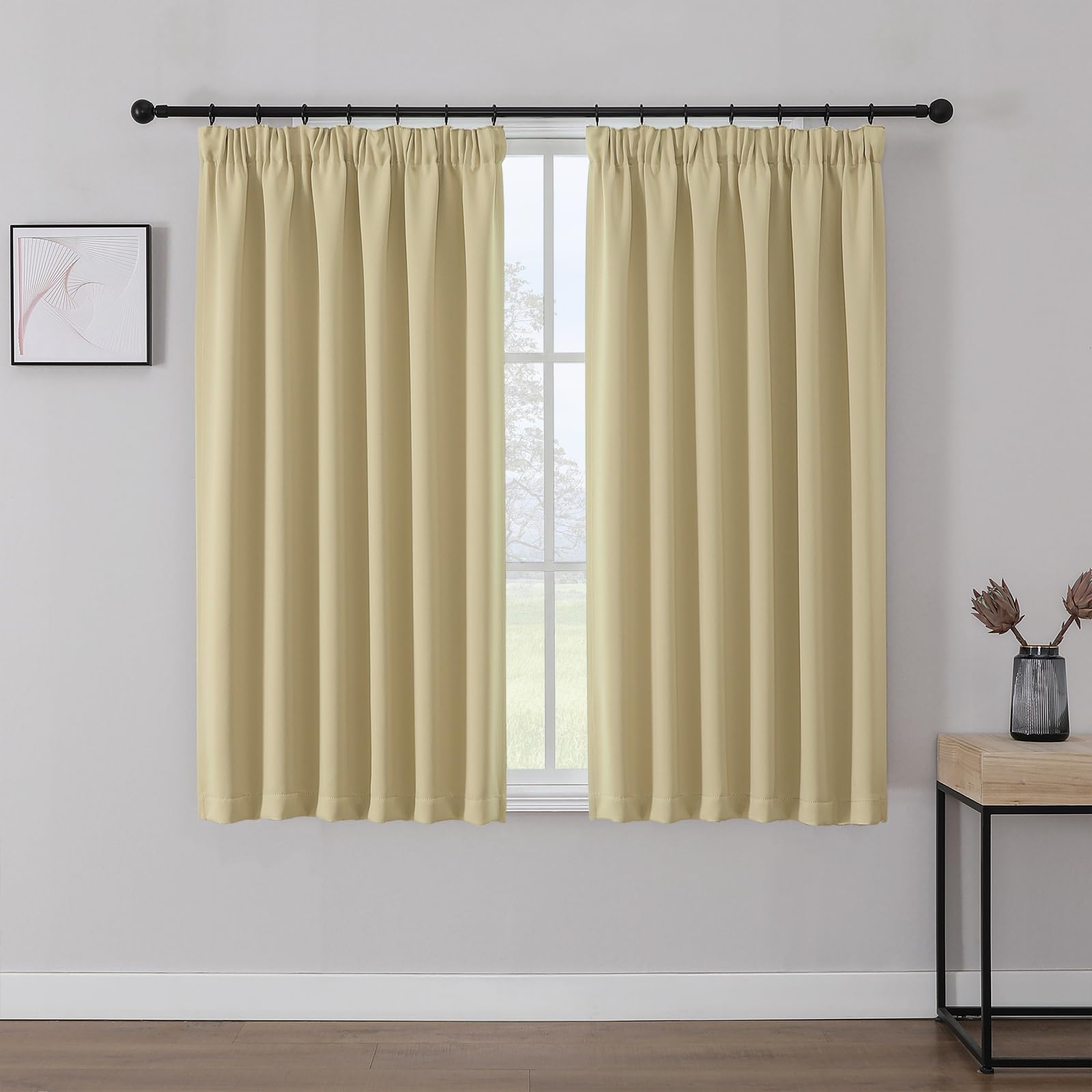 Joydeco Gardinen mit Kräuselband Blickdicht Vorhänge Schienensystem Verdunkelungsvorhang mit Haken Thermovorhang Kälteschutz Schlafzimmer Wohnzimmer 2er Set 137x117cm Beige