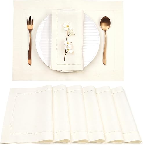 Miniatura 27 de D'Moksha Homes Juego de 4 manteles individuales de lino natural claro con vainica, 100 % lino puro, de 14 x 19 pulgadas, manteles individuales 08 -