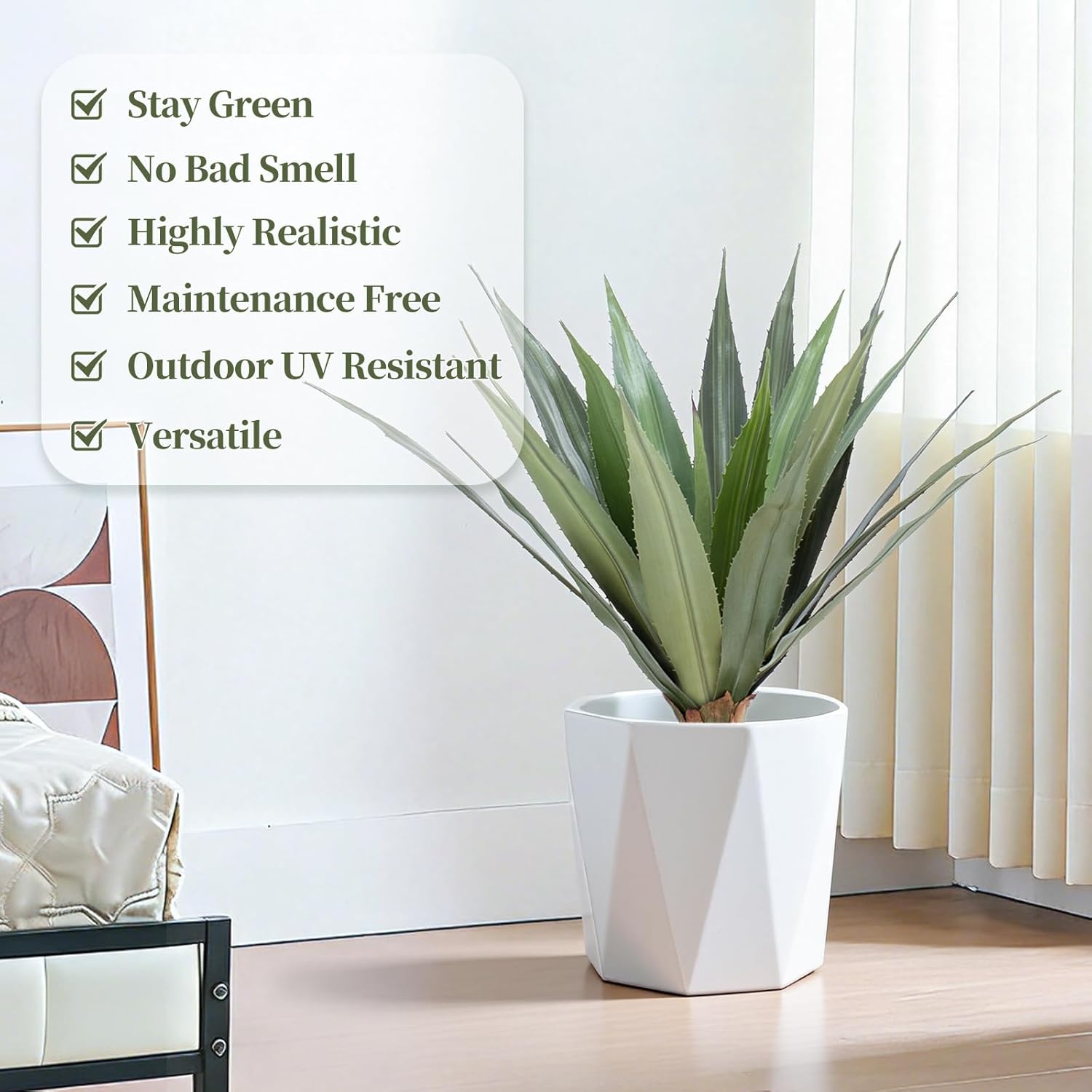 2FT Artificial Spiked Agave Plants Tall,24 Inch Fake Silk UV Resistant Plants with 24 Lifelike Leaves and Lush Moss, Realistic Faux Yucca Plants for Home Outdoor Patio Garden Indoor Decor 1Pack