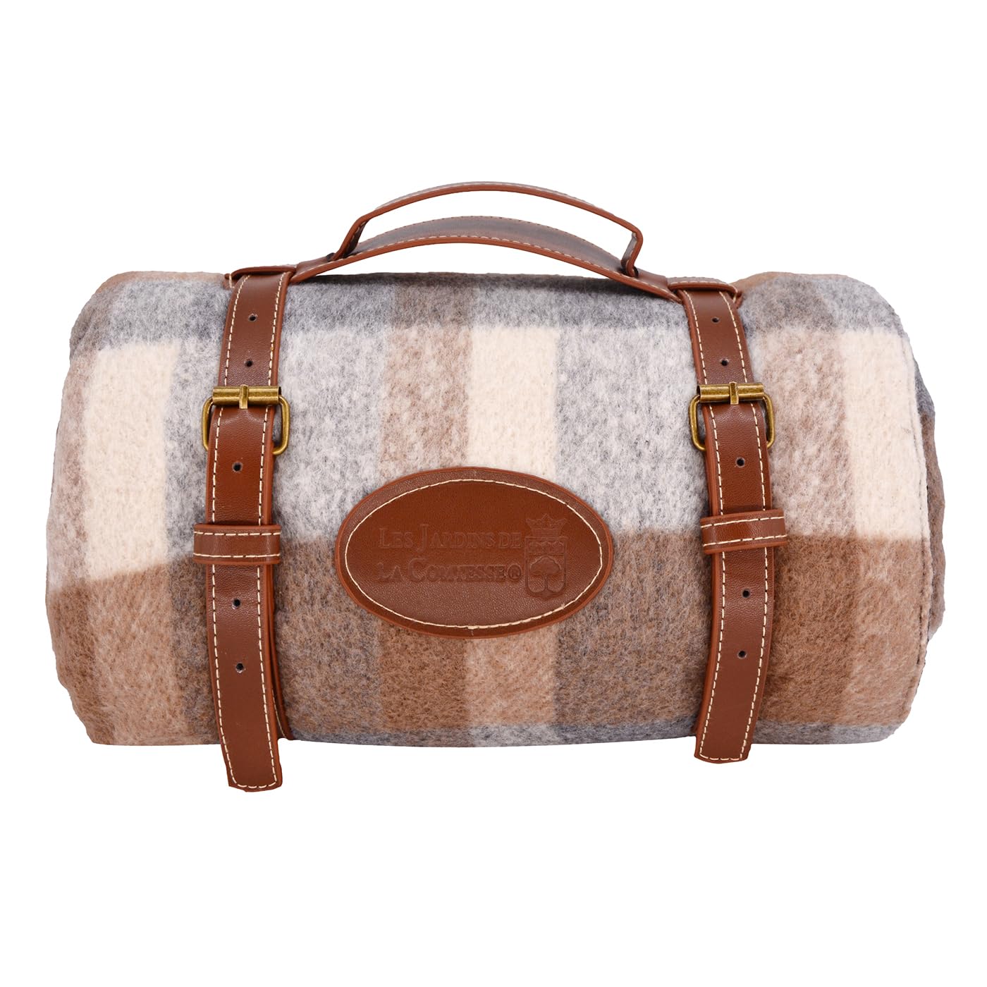 Les Jardins de la Comtesse, Couverture Pique-Nique Imperméable, Tartan Écossais Marron, 170 x 140 cm, Laine et Polyester, 1500 g