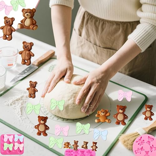 Miniatura 6 de Juego de 4 moldes de silicona para oso y lazo para fondant, chocolate, manualidades de dulces, galletas de bricolaje, decoración de postres,