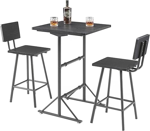 Miniatura 8 de VECELO Sillas de mesa de bar de 3 piezas, juego de comedor cuadrado de altura de mostrador con 2 taburetes de bar para cocina, rincón de desayuno,